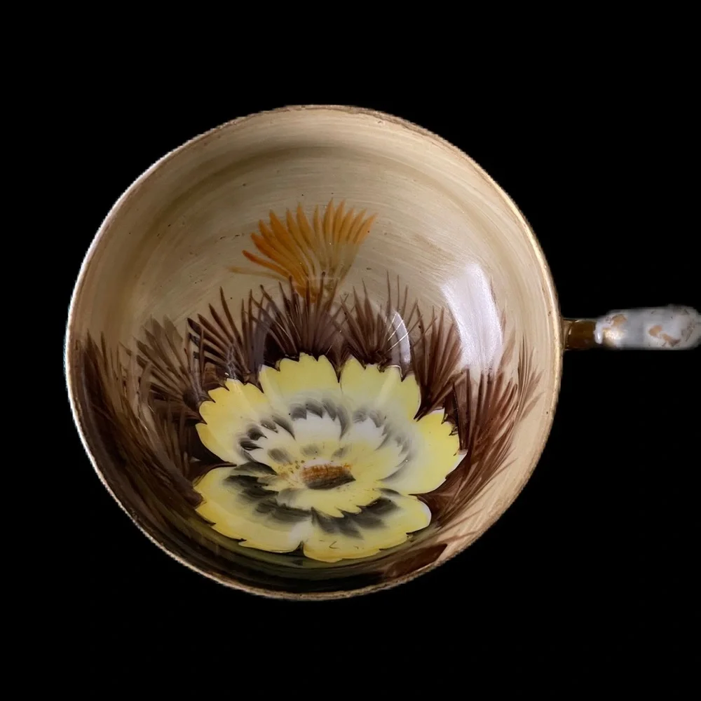 Saji Wild Cactus Yellow Flower Brown Tea Cup Saucer Made in Japan Hand Painted